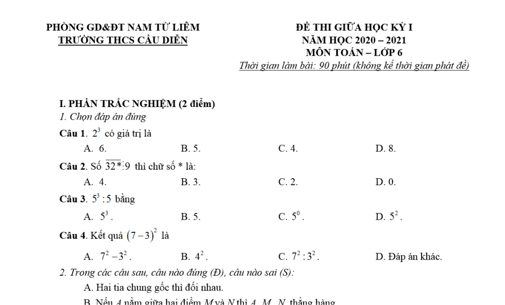 Toán 6: Đề kiểm tra giữa học kì 1. Trường THCS Cầu Diễn năm học 2020-2021